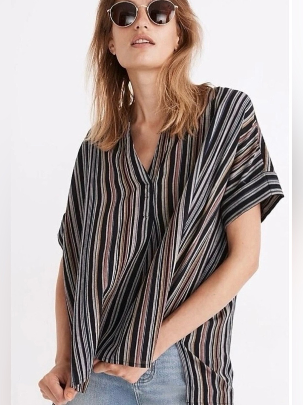 Madewell Lakeline Stripe Popover Top Relaxed Cotton Blouse S